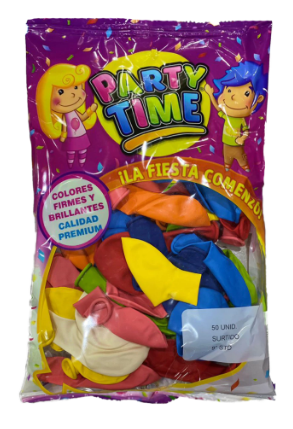 GLOBO LISOS MULTICOLOR 9" X 50 UNIDADES "PARTY TIME"